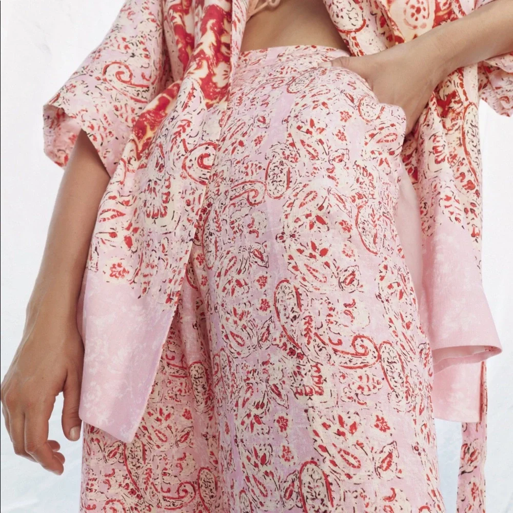 ZARA‎ WIDE-LEG PRINTED LINEN BLEND TROUSERS